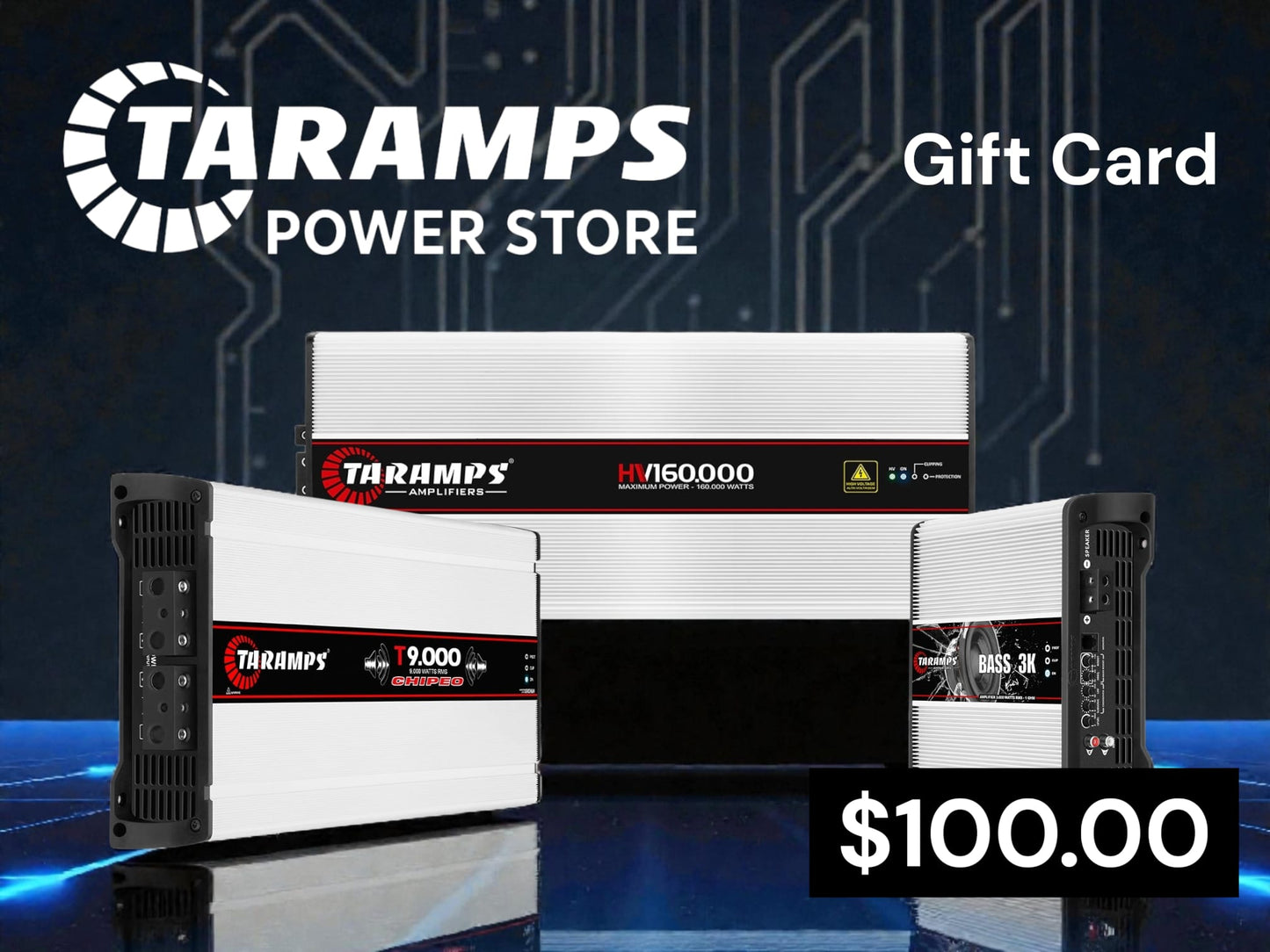 Taramps power store gift card with power supplies on a dark background