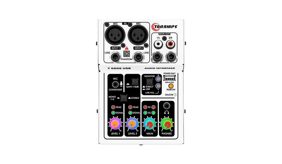 Taramps T 0202 USB INTERFACE AUDIO MIXER 2 CHANNEL W/ RGB LED (Choose Color)