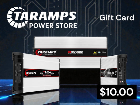 Taramps power store gift card with power amplifiers on a dark background